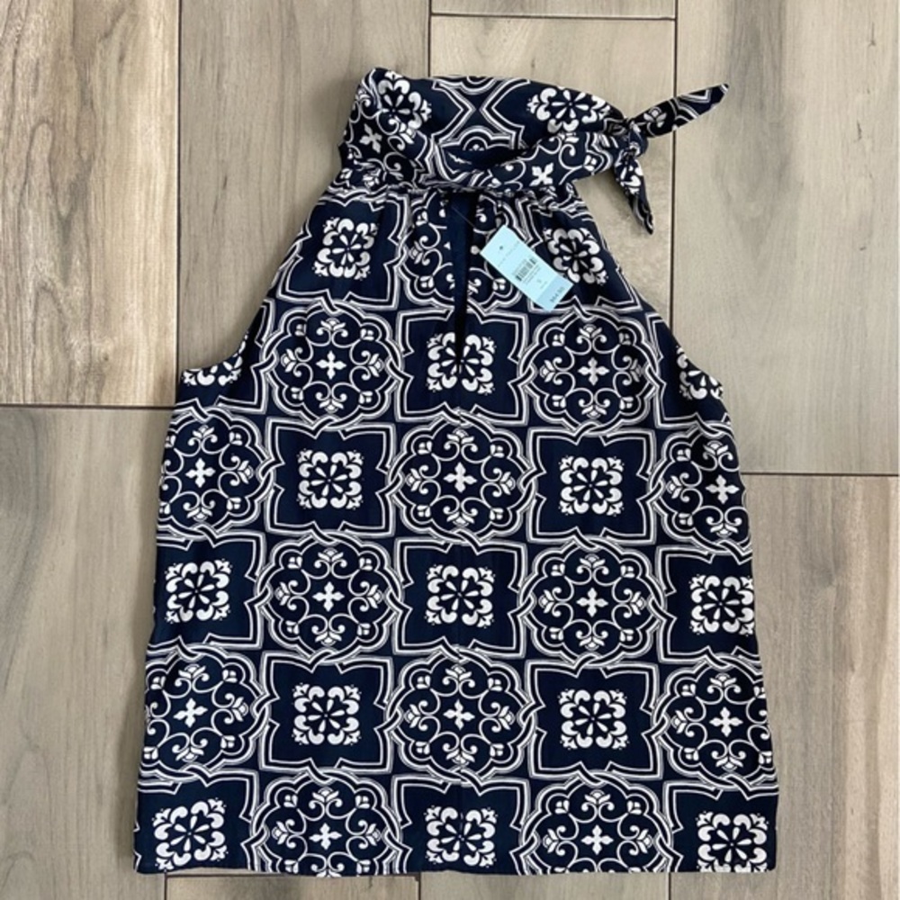 Ann Taylor Petite Navy Blue/White Handkerchief Tie Sleeveless Blouse Size SP NWT